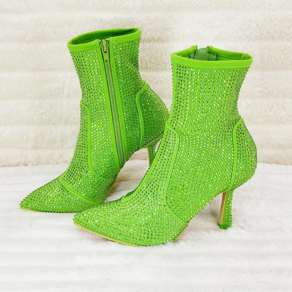 Stunning Bright Green Stretch Rhinestone Ankle Boots 3.5" Kitten Heels_9
